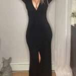 Long dress with twisted slit and deep V-neck built-in shapewear