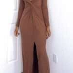 Long dress with twisted slit and deep V-neck built-in shapewear